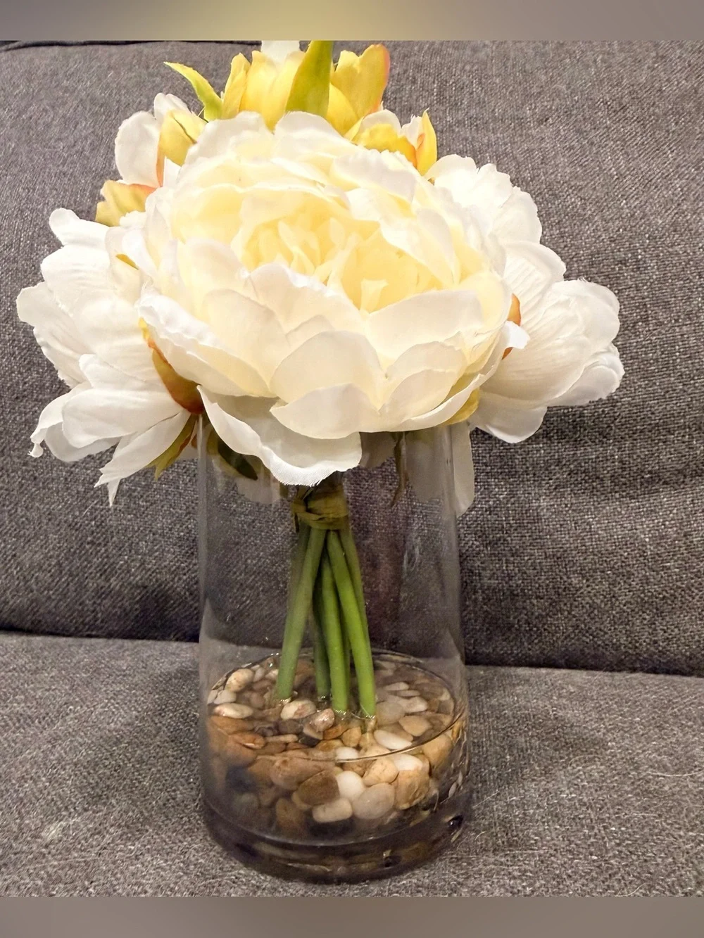 Enova Home Cream Artificial Silk Peony Bouquet in Clear Glass Vase